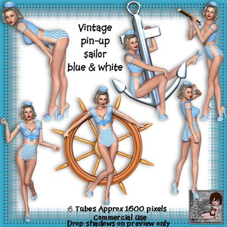 6 Vintage Pin-up Sailor Girl Poser Tubes Blue & White
