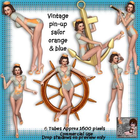 6 Vintage Pin-up Sailor Girl Poser Tubes Orange & Brown