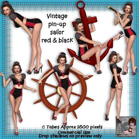 6 Vintage Pin-up Sailor Girl Poser Tubes Red & Black