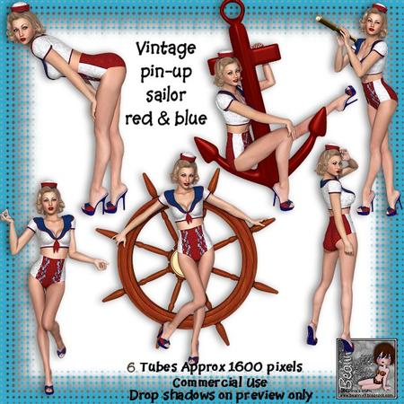 6 Vintage Pin-up Sailor Girl Poser Tubes Red & Blue