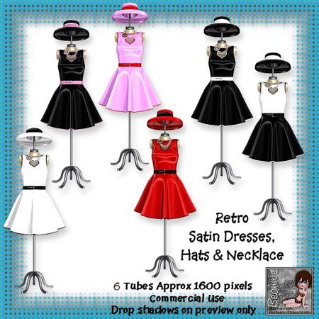 6 Retro Satin Dresses with Hat and Necklace Poser Tubes
