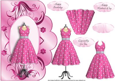 1950's Pink Retro Dress Scallope Edge Curve Card
