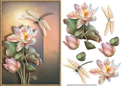 Lotus Flower and Dragonfly Card Front with Decoupage
