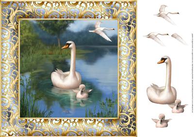 Swan and Cygnet 8x8 Card Front with Decoupage