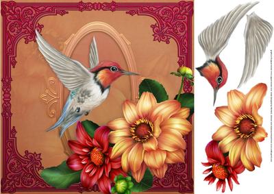 Hummingbird and Dahlias 8x8 Card Front