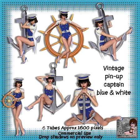 6 Vintage Pin-up Captain Girl Poser Tubes Blue & White