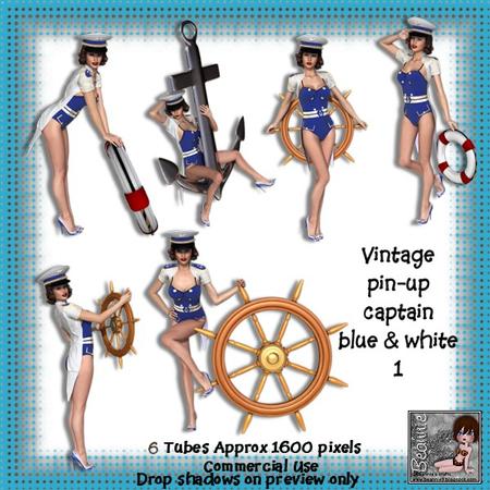 6 Vintage Pin-up Captain Girl Poser Tubes Blue & White 1
