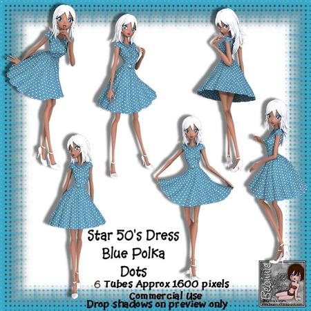 6 50's Star Dress Blue Polka Dots Poser Tubes
