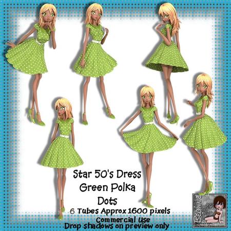 6 50's Star Dress Green Polka Dots Poser Tubes