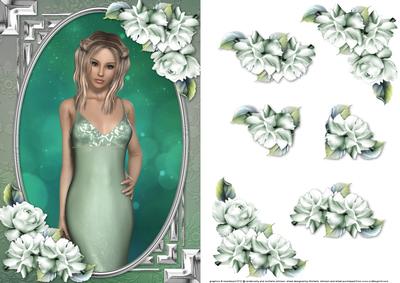 Lady in an Elegant Green Dress and Roses