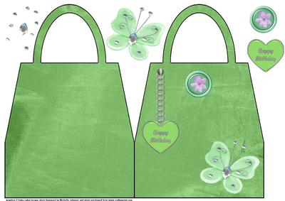Green Satin Handbag Shaped Card with Butterfly and Hearts
