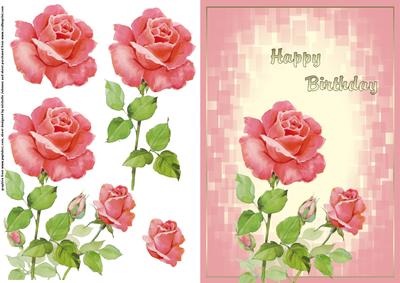 Pink Roses Happy Birthday Card Front with Decoupage