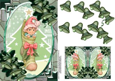 Little Boy in the Christmas Stocking Card Front with Bells
