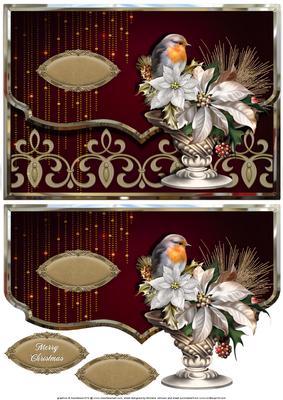 Christmas Robin and Poinsettia Fancy Edge Faux Envelope Card