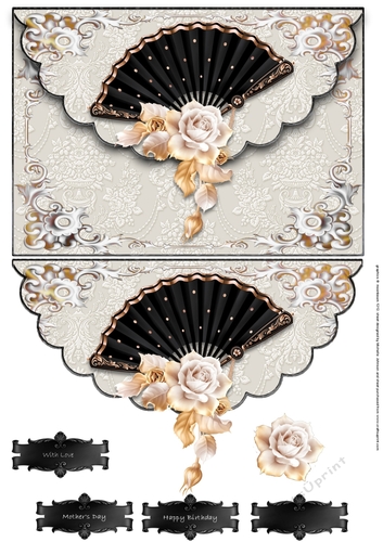 Black Fan & Gold Roses Scalloped Faux Envelope Card