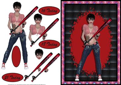 Bad Girl with Baseball Bat Quick Card Front with Decoupage