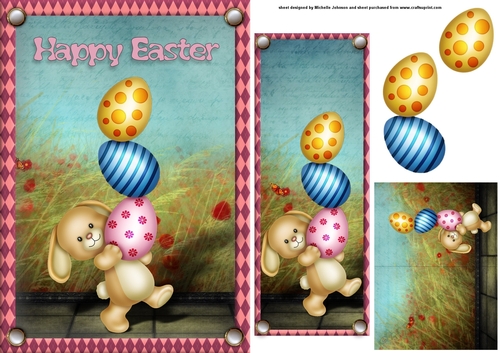 Easter Bunny Carrying Eggs Card front with Bookmark And Gift Tag