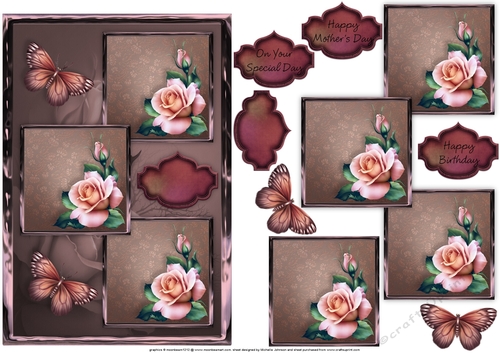 Pink Roses And Butterflies Three Square Quick Card