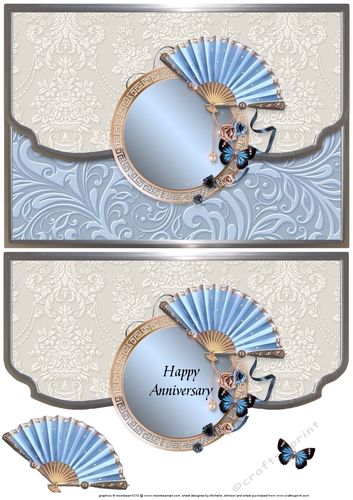 Fan And Butterflies Scalloped Edge Faux Envelope Card Anniversary Blue