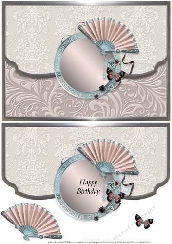Fan And Butterflies Scalloped Edge Faux Envelope Card Birthday Pink