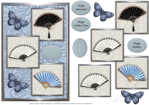 Fan And Butterflies Three Square Quick Card Blue