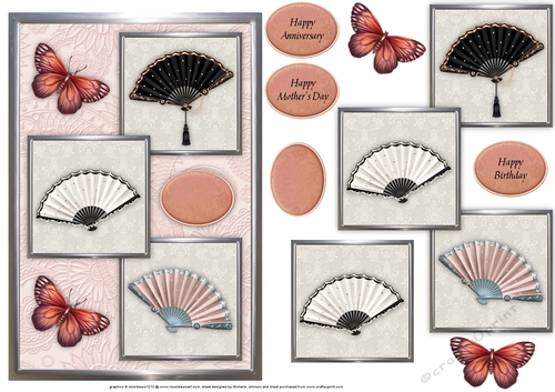 Fan And Butterflies Three Square Quick Card Pink