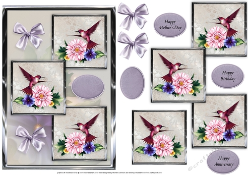 Flowers And Hummingbird Three Square Quick Card Pink