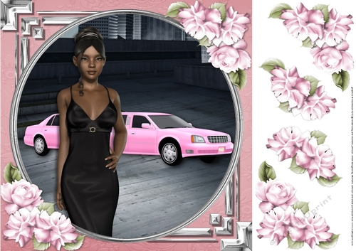 Ethnic Lady in an Elegant Black Dress, Pink Limousine and Roses 1