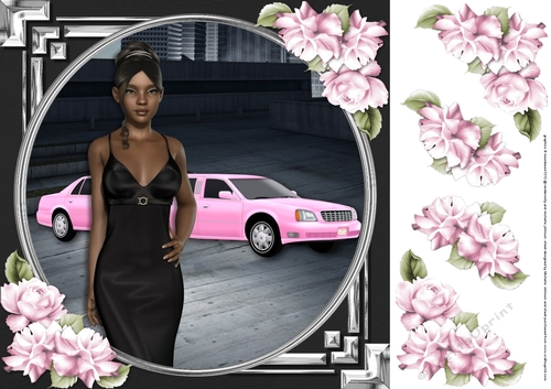 Ethnic Lady in an Elegant Black Dress, Pink Limousine and Roses 4