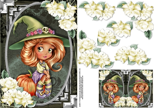 Adorable Little Witch Card Front With Roses