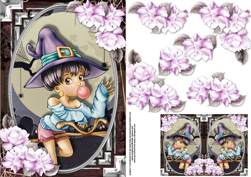 Cool Little Witch Card Front With Roses