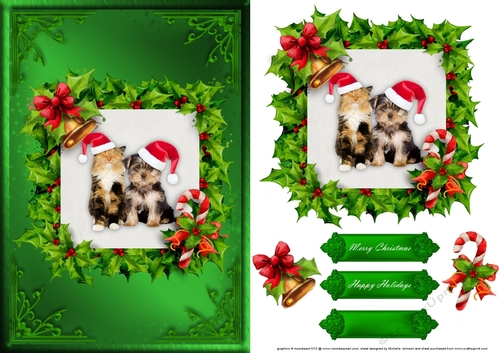 Cat And Dog Christmas Card Front Green 1