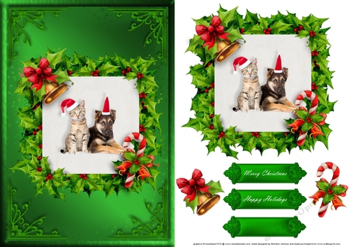 Cat And Puppy Christmas Card Front Green 1