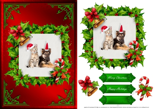Cat And Puppy Christmas Card Front Red 1