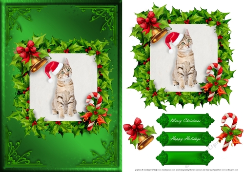 Cat Christmas Card Front Green 1