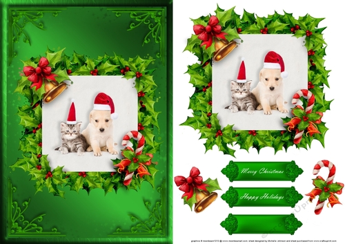 Kitten And Puppy Christmas Card Front Greenn1