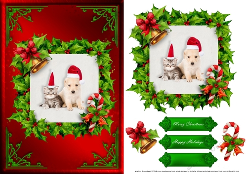 Kitten And Puppy Christmas Card Front Red 1