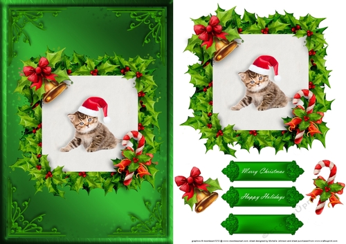 Kitten Christmas Card Front Green 1