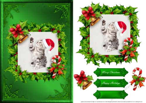Kitten Christmas Card Front Green 2