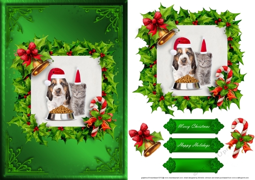 Puppy And Kitten Christmas Card Front Green 1