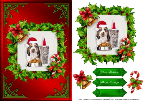 Puppy And Kitten Christmas Card Front Red 1
