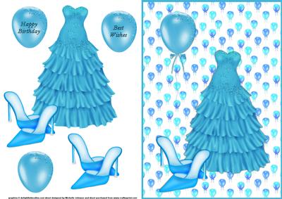 Blue Party Dress Quick Card Front with Decoupage