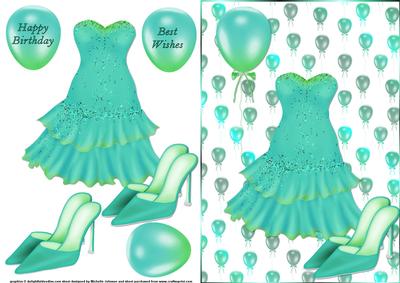 Green Party Dress Quick Card Front with Decoupage