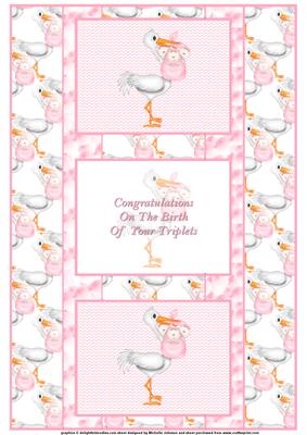 New Baby Girl Triplets 3 Panel Fold Back Card