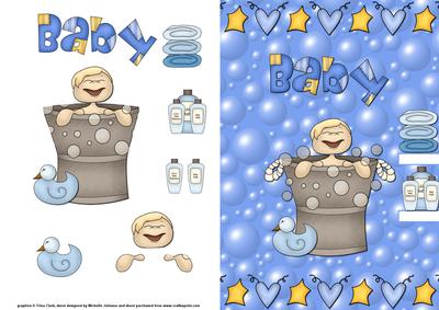 New Baby Boy Bathtime Quick Card Front with Decoupage