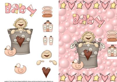 New Baby Girl Bathtime Quick Card Front Woth Decoupage
