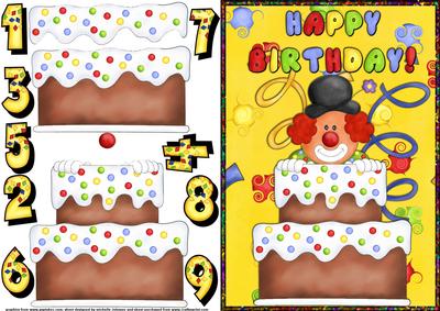 Clown with Birthday Cake and Ages Card Front with Decoupage