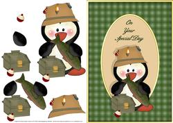 Fisherman Penguin Card Front with Decoupage