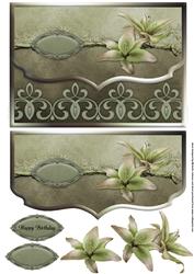 Pretty Lilies Green Grey Fancy Scalloped Edge Envelope Card