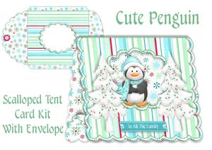 Cute Penguin and Christmas Trees Scalloped Tent Card and Env
